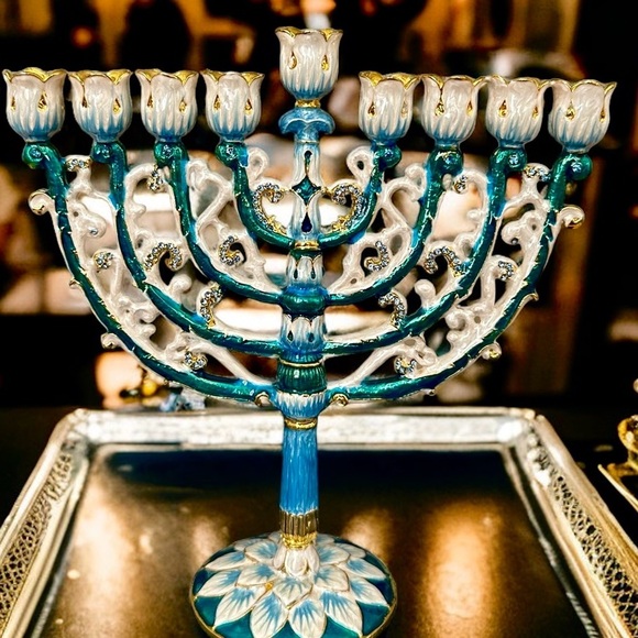 Menorah Hanukkah  Hand Painted Brass Enamel  NWB 6” By 6” Blue Teal Gold - Picture 2 of 16